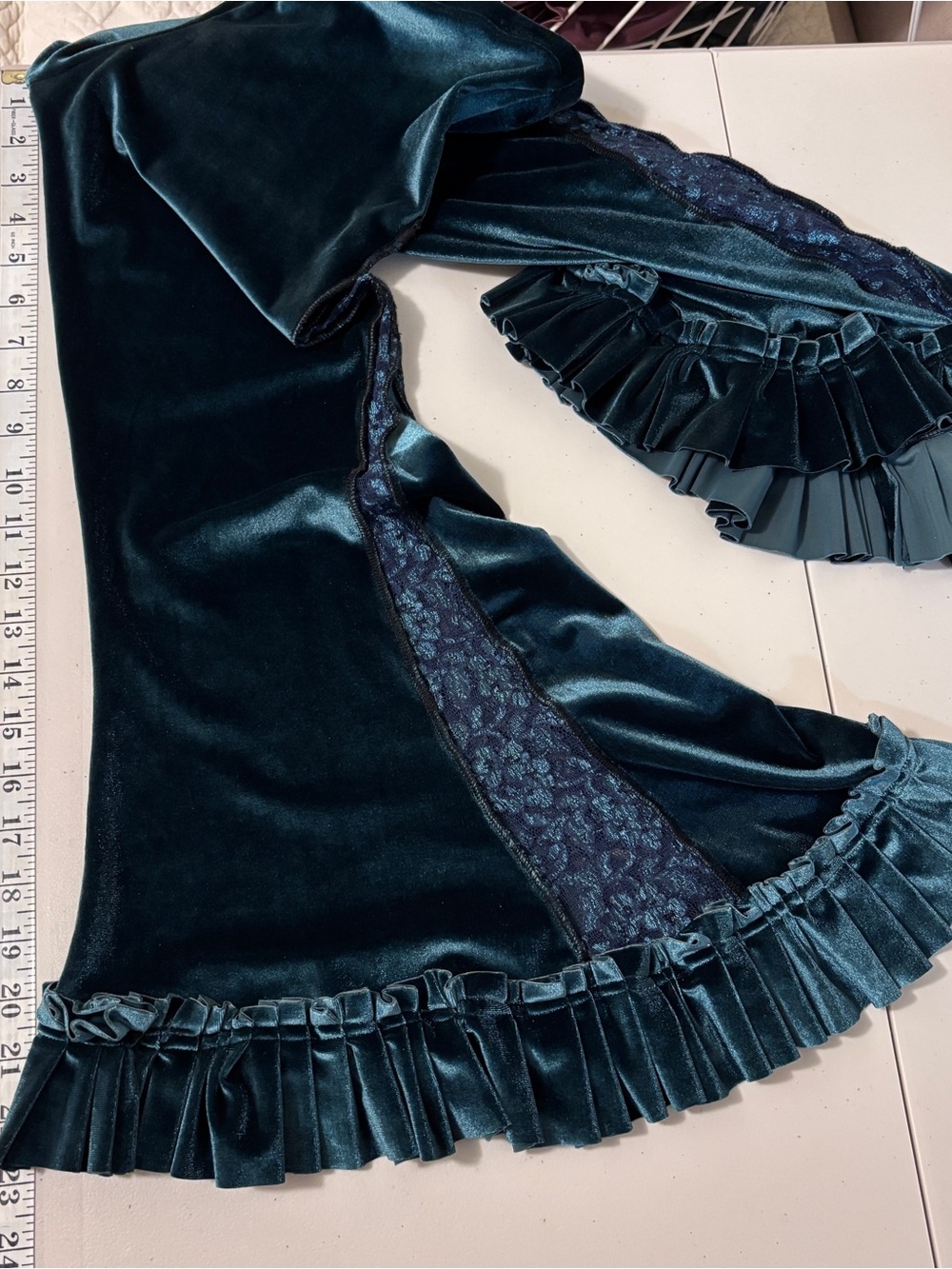 Whimsigoth Pants Velvet Lace Flare Pull On Size S Blue Green Regency Bloomer - Picture 6 of 10